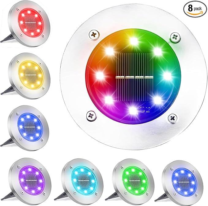 LYHOPE Solar Ground Light Outdoor, 8 Pack 8 LED Color Changing Solar Disk Lights Waterproof Garden In-ground Pathway Lights Landscape Lighting for Lawn,Yard,Deck,Patio,Walkway (RGB)