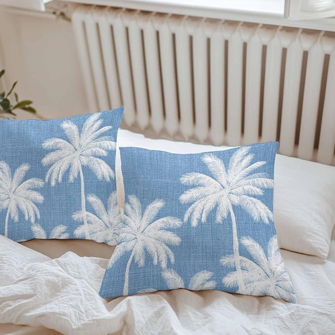 Outdoor Pillow Covers 18x18 Inch Set of 2, Blue Palm Trees Waterproof Throw Pillow Covers, Farmhouse Tropical Summer Beach Decorative Cushion Pillowcases for Couch, Sofa, Bed, Garden, Patio