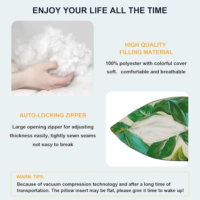 DYTXIII Pack of 2 Waterproof Outdoor Lumbar Pillow with Inserts, 12x20 in Rectangle Decorative Patio Throw Pillow for Home, Sofa,Bench and Patio Furniture, Lush Leaf Jungle