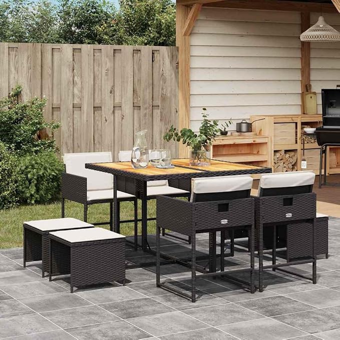 9 Piece Garden Dining Set with Black Poly Rattan and Acacia Wood, Seats 8, Cream White Cushions, Foldable Chairs for Patio Backyard