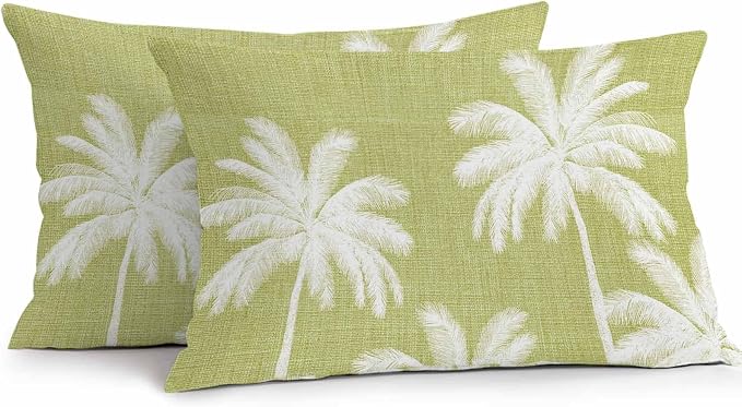 Lumbar Pillow Covers 20x12 Inch Set of 2, Yellow Palm Trees Waterproof Outdoor Pillow Covers, Farmhouse Tropical Summer Beach Decorative Cushion Pillowcases for Couch, Sofa, Bed, Garden, Patio