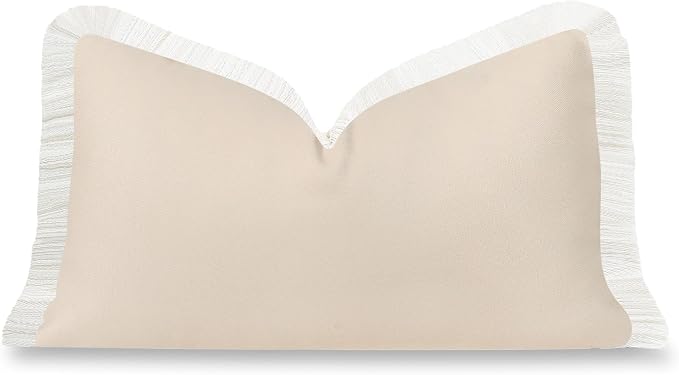 Hofdeco Premium Coastal Hampton Patio Indoor Outdoor Lumbar Pillow Cover Only, 12"x20" Water Repellent for Backyard, Couch, Poolside, Neutral Tan Print Solid