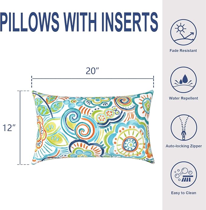 Outdoor Lumbar Pillows, Water Repellent Cushion Pillows 12x20 Inch, Outdoor Pillows with Inserts for Home Garden, Pack of 2, Flower Blue
