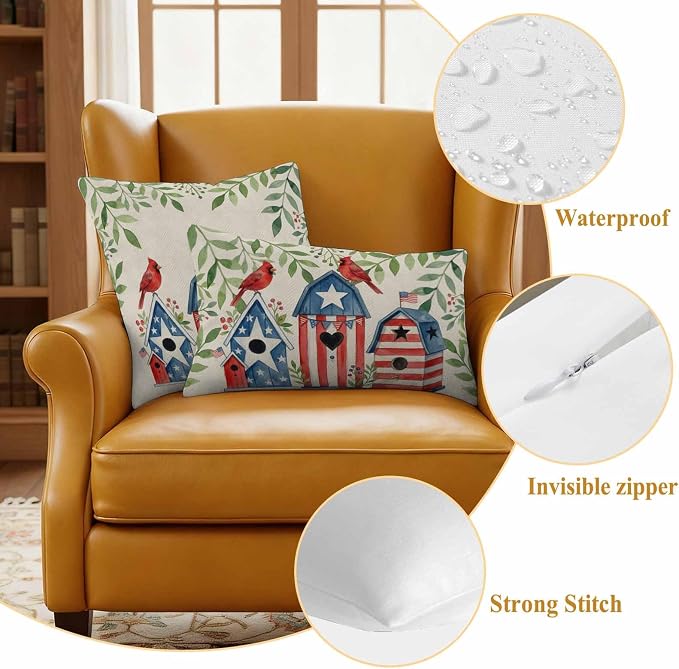 American Flag Bird House Outdoor Pillow Covers Waterproof, All Weather Cushion Case Set of 2, Green Eucalyptus Beige 250th Decorative Pillowcases for Sofa Couch Bed Decor Patio Furniture 18"x18"