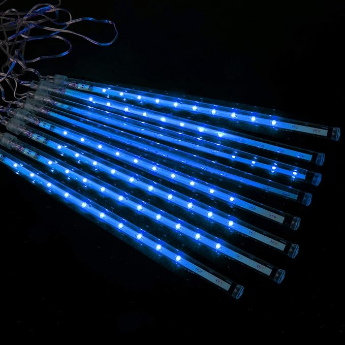 Meteor Shower Lights Outdoor, 11.8 Inch 8 Tubes 192 LED Snowfall Lights, Waterproof Meteor Christmas Light, Hanging Falling Rain Light for Tree Bushes Holiday Party Christmas Decoration, Blue