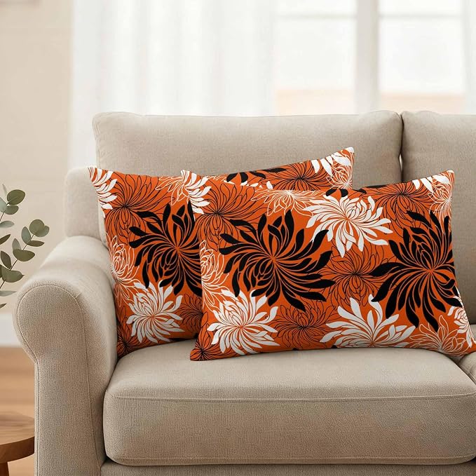 Yukro Orange Black Floral Outdoor Waterproof Pillow Covers Pack of 2, Vintage White Black Flower Orange Decorative Throw Pillowcases Cushion Covers for Garden Patio Tent Sofa Couch, 20x12 inch