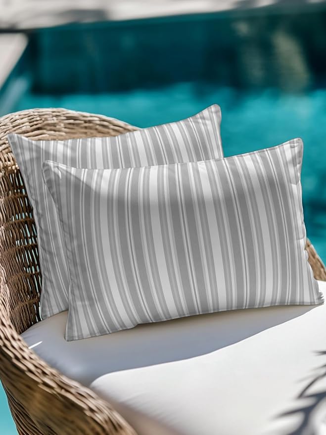 Waterproof Outdoor Pillow Set of 2 Grey Stripes Decorative Throw Pillows Cover & Insert 20x12 Inch Lumbar Pillowcase White Lines Lines Pillows for Couch Sofa Bed Patio Furniture Indoor Outdoor
