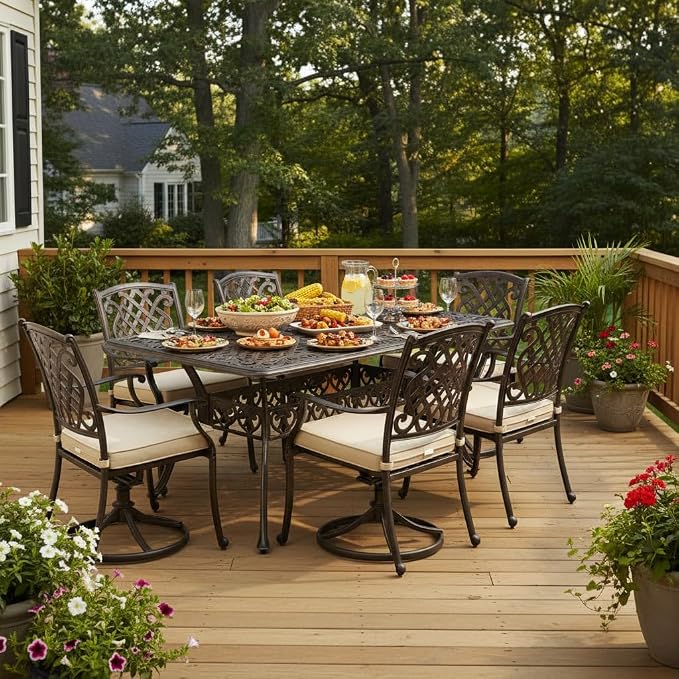 Tangkula 59 Inches Outdoor Dining Table, All-Weather Cast Aluminum Table with Umbrella Hole, 6-8 Person Rectangular Dining Table for Garden, Backyard and Poolside (Bronze)