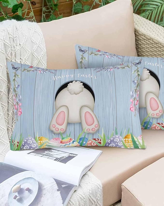 Vandarllin Outdoor Throw Pillows Covers 12X20 Set of 2 Waterproof Bunny Butt Easter Eggs Decorative Zippered Lumbar Cushion Covers for Patio Furniture, Spring Flower Wood Grain