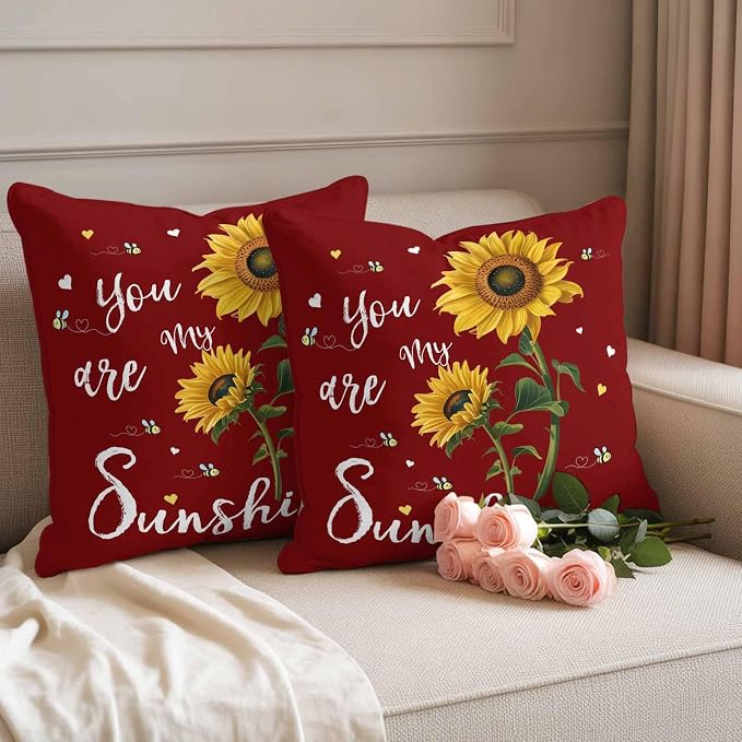 You Are My Sunshine Outdoor Pillow Covers Set of 2 Vintage Country Yellow Sunflower Floral Bees Heart Red Waterproof Throw Pillow Cover Decorative Cushion Cases for Patio Porch Garden 24X24 Inch