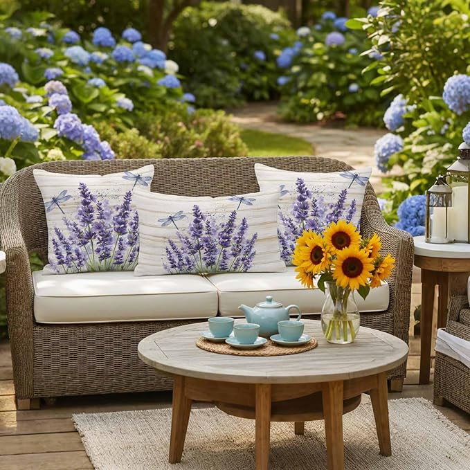 Outdoor Waterproof Throw Pillow Covers Set of 2 Lavender Flower Pillowcases 24x24 Inches Purple Floral Dragonfly Wood Decorative Pillows Cushion Case Patio Pillows for Couch Bed Chair Garden