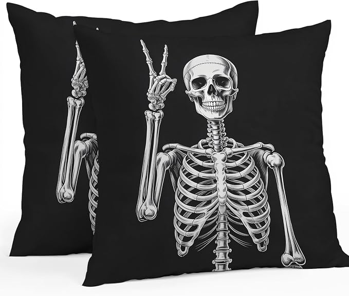Halloween Skeleton Outdoor Pillow Covers 18x18 Inch Throw Pillow Covers Set of 2 Waterproof Decorative Pillow Cases Retro Funny Skull Abstract Black Cushion Covers for Patio Furniture Garden Couch