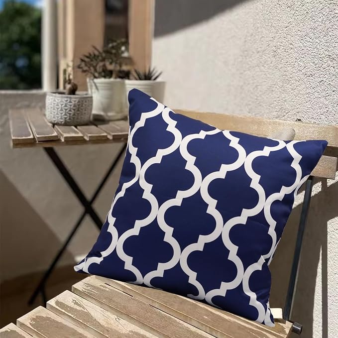 Pack of 2 Outdoor Waterproof Throw Pillow Covers 16x16 Navy Blue and White Throw Pillow Covers Outdoor Pillows Covers for Patio Furniture Garden Balcony Sunbrella Outside(No Pillow Insert)