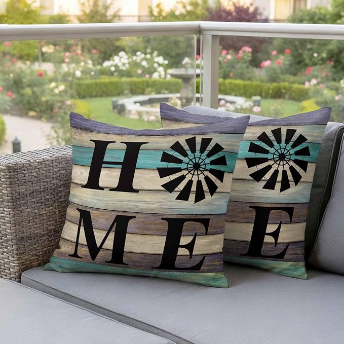 Outdoor Pillow Covers Set of 2, Farm Home Windmill Decorative Throw Pillow Covers 16X16IN, Farmhouse Vintage Wood Board Throw Pillows Protector Cushion Case for Patio,Couch,Sofa,Garden