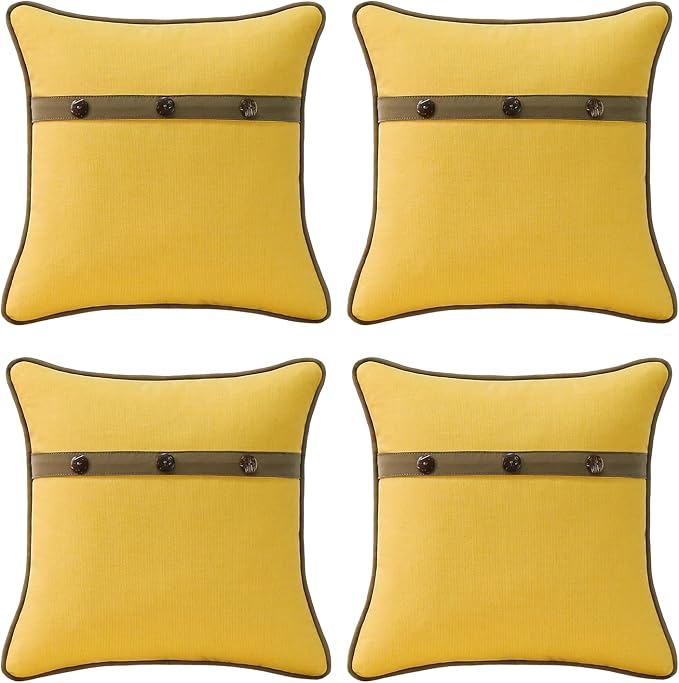Outdoor Sunbrella Decorative Pillows with Triple Coconut Buttons Pack of 4, 16" x 16" Outdoor Pillow Set for Couch Bed Throw Patio Sofa, Spectrum Daffodil/Canvas Cocoa