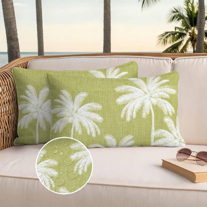 Lumbar Pillow Covers 20x12 Inch Set of 2, Yellow Palm Trees Waterproof Outdoor Pillow Covers, Farmhouse Tropical Summer Beach Decorative Cushion Pillowcases for Couch, Sofa, Bed, Garden, Patio