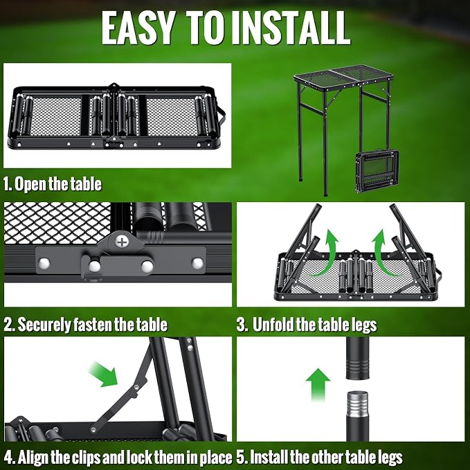 GARLLEN Folding Grill Table, 3 Adjustable Height Lightweight Camping Table with Heat-Resistant Tabletop, Portable Aluminum Outdoor Table for BBQ, Picnic, 23.6" L x 15.7" W, Threaded Install, Black