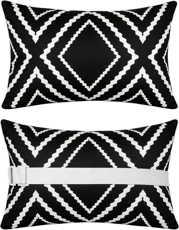 cygnus 2pcs Chaise Lounge Pillow with Strap Outdoor Waterproof Pool Chair Neck Headrest Pillows with Adjustable Elastic Band for Beach Patio Chair Recliner 16 x 11 Inches, Black and White