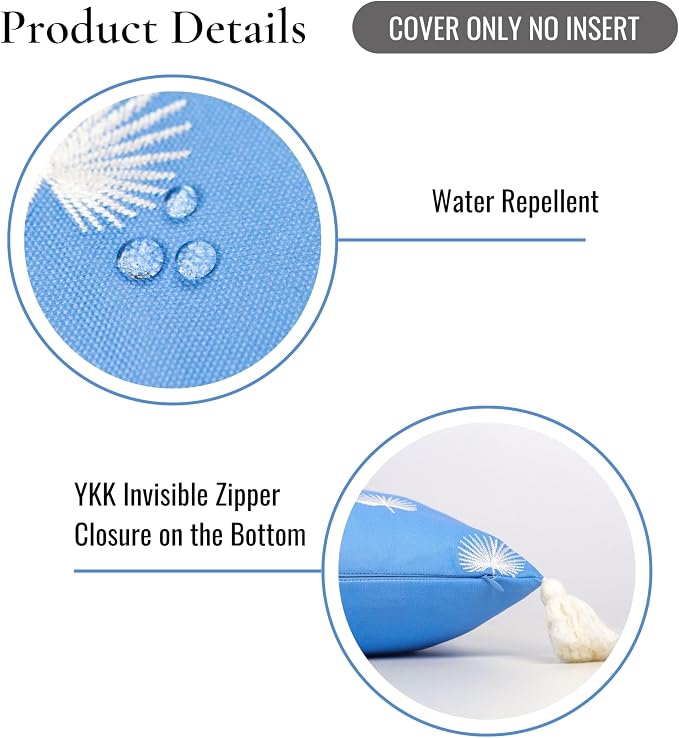 Hofdeco Premium Coastal Patio Indoor Outdoor Lumbar Pillow Cover Only, 12"x20" Water Repellent for Backyard, Couch, Cornflower Blue Embroidered Palm Leaf Tassel