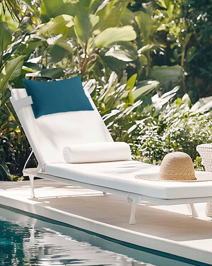 Outdoor Pillow for Lounge Chair with Strap & Insert Dark Teal Recliner Head Pillow Solid Green Color Waterproof Headrest Patio Lumbar Pillows for Beach Pool Office Chaise Chair 11x16 Inch
