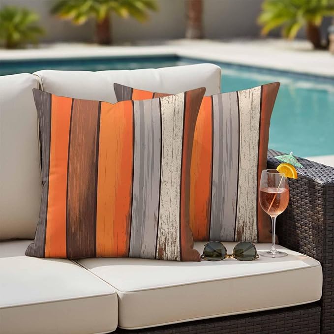 JasmineM Outdoor Pillow Cover 16x16 Inches Set of 2 Orange Brown Gray Striped Waterproof Throw Pillow Covers Retro Wood Grain Decorative Pillowcases Garden Cushion Case for Patio Couch Sofa
