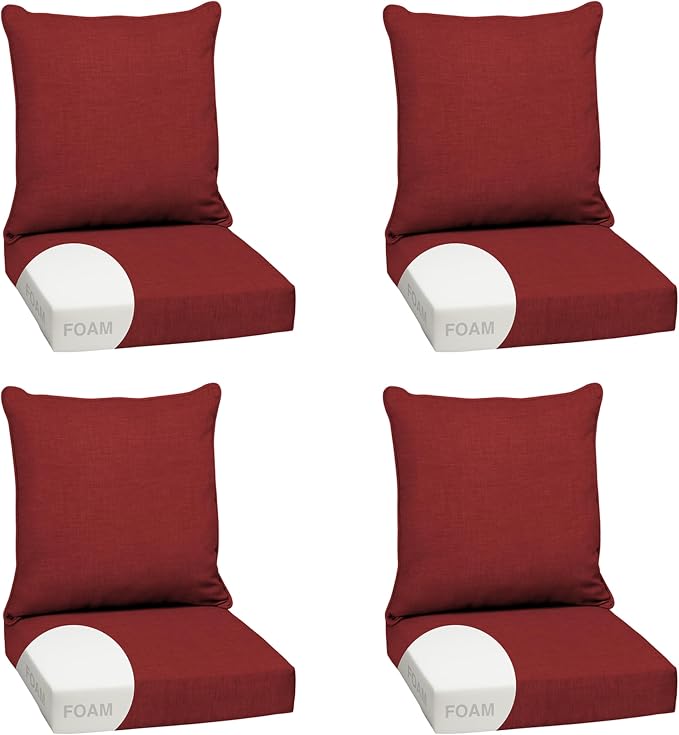 Arden Outdoor Deep Seat Cushion Set, Foam, 4-Pack, 24x24, Ruby Red | Sofa, Couch, Conversation Set, Premium High-Density Foam, Never Flattens, Mold and Mildew Resistant