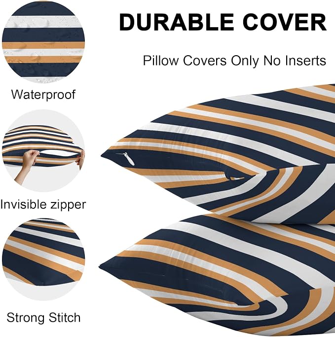 Orange Navy Blue Striped Outdoor Pillow Covers Waterproof, All Weather Cushion Case Set of 2, Minimalist Farmhouse Lines Lumbar Pillowcase for Sofa Couch Bed Decor Patio Furniture 20"x12"