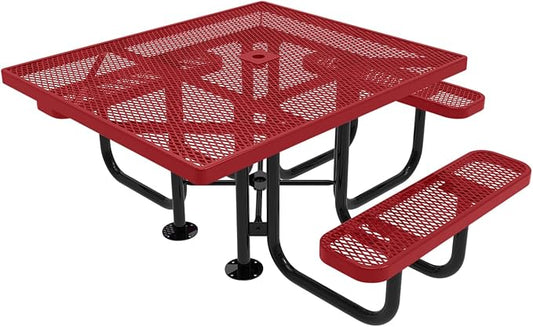 COATEDOUTDOORFURNITURE Heavy-Duty Portable ADA-Compliant Outdoor Picnic Table with Umbrella Hole, Expanded Metal Patio Dining Furniture Made in America (46" Square Top, Textured Burgundy)