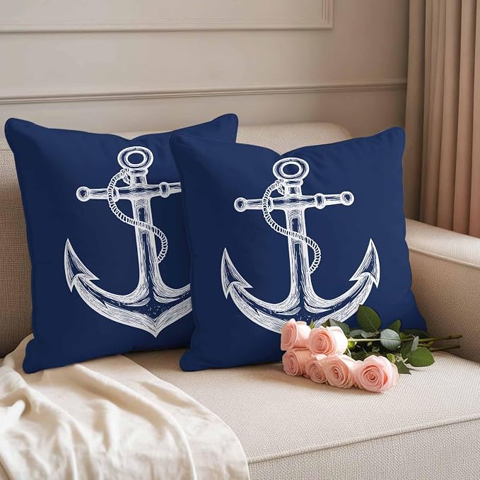 Nautical Outdoor Waterproof Throw Pillow Covers Set of 2, 16"x16", Anchor Rope Coastal Navy Blue Minimalist Decorative Pillow Covers Outside Cushion Case for Patio Porch Garden