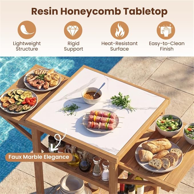 Acacia Wood Outdoor Grill Table with Drop Leaf, Faux Marble BBQ Prep Station for Patio Backyard, Folding Side Shelf Portable Camping Kitchen Table, Portable Grill Table for Patio, Kitchen