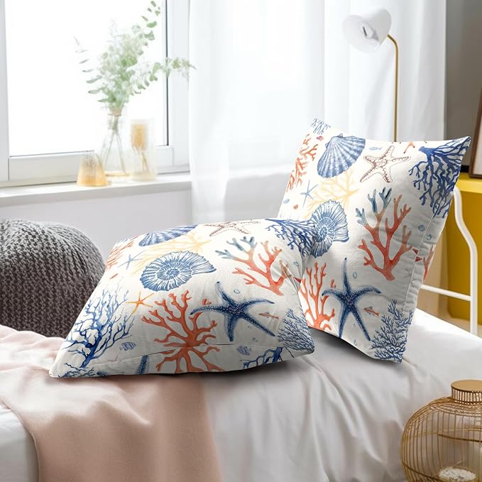 Nautical Coastal Throw Pillow Covers 18x18 Set of 2, Summer Ocean Beach Coral Decorative Pillow Cases Cotton Cushion Cover for Home Sofa Couch Wedding Anniversary Decor