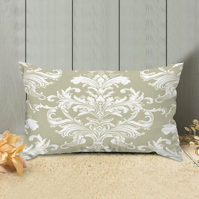 Set of 2 Tan Off Green White Damask Pattern Print Decorative Throw Pillow Covers 12x20in Farmhouse Rectangle Accent Pillow Cases Cushion Cover Cases for Sofa Chair Bedroom Home Decor