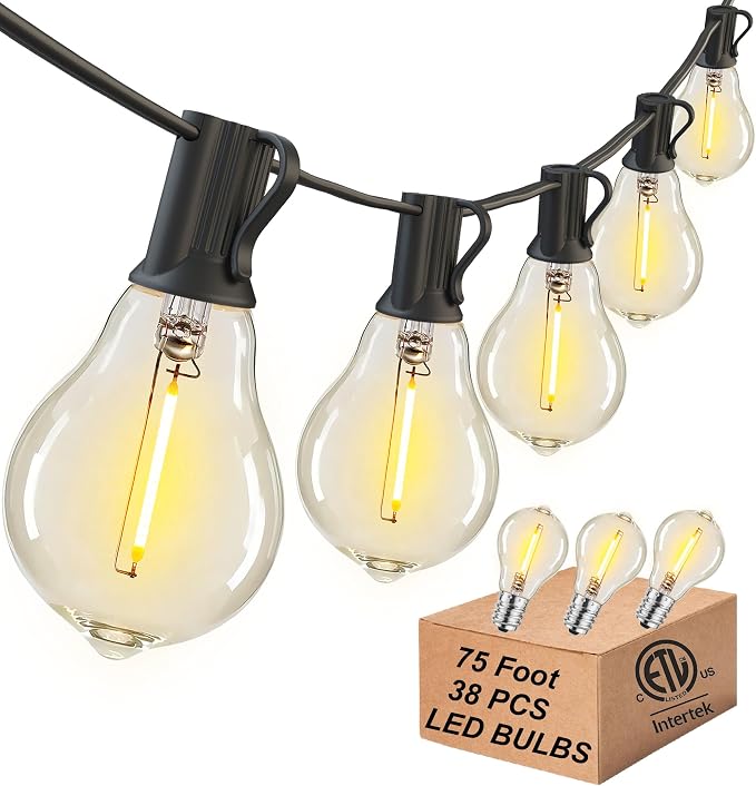 Outdoor String Lights 75FT Patio Light Waterproof for Backyard Porch Bistro | 2FT Bulbs Apart, 75 FT Connectable Outside Lighting with 38 Shatterproof Dimmable LED Edison Bulbs for Garden Balcony Party