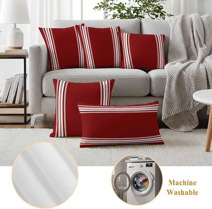 Outdoor Pillow Covers 18x18 Set of 2 Burgundy Red Stripe Outdoor Pillows Waterproof Throw Pillow Covers French Stripe Farmhouse Style Pillowcases Decorative Case for Patio Cushion