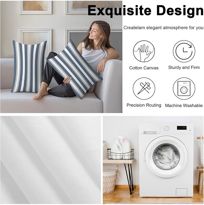 Haze Blue Stripe Outdoor Pillow Covers Waterproof, All Weather Cushion Case Set of 2, Farmhouse Blue Gray Striped Lumbar Pillowcase for Sofa Couch Bed Decor Patio Furniture 20"x12"