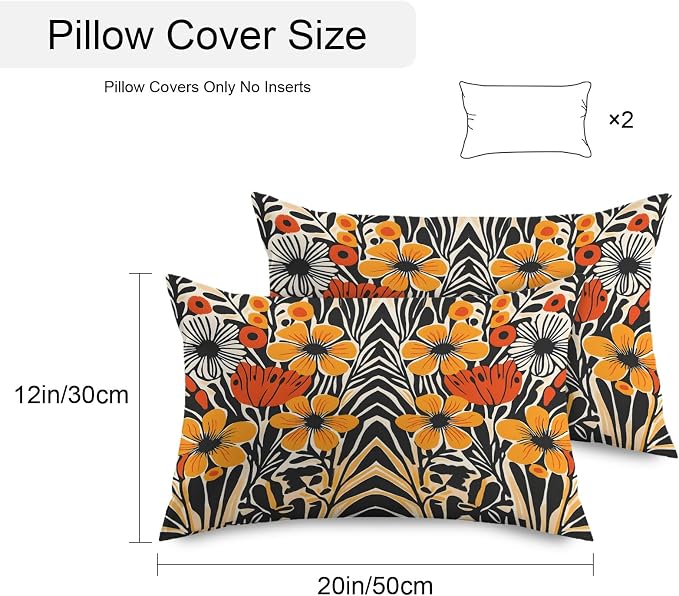 Orange Yellow Black Botanical Outdoor Pillow Covers 20x12 Inch Lumbar Pillow Covers Set of 2 Waterproof Decorative Throw Pillow Cases Modernism Spring Floral Cushion Covers for Patio Furniture Garden