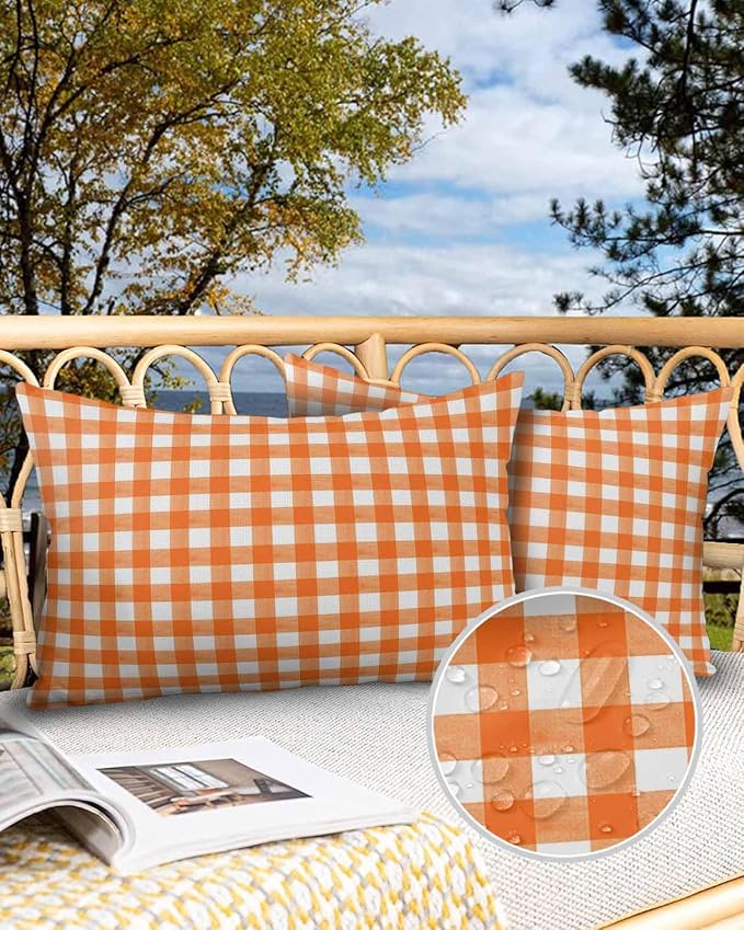 Outdoor Waterproof Throw Pillows Orange Buffalo Plaid Patio Pillows Pack of 2,Decorative Pillow Covers with Insert,Pillow Cushion Case for Garden Couch Sofa Classic Gingham Check Watercolor