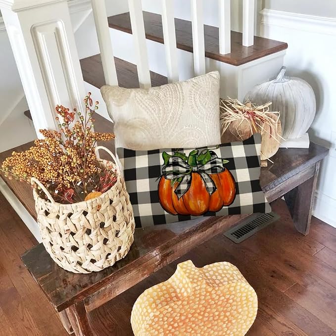 RABUSOFA Outdoor Fall Pillow Covers Waterproof 12x20 Orange Pumpkin Decor | Autumn Harvest Thanksgiving,Buffalo Plaid,Not Insert,Machine Washable,Fall Decorations for Home Sofa Patio Farmhouse