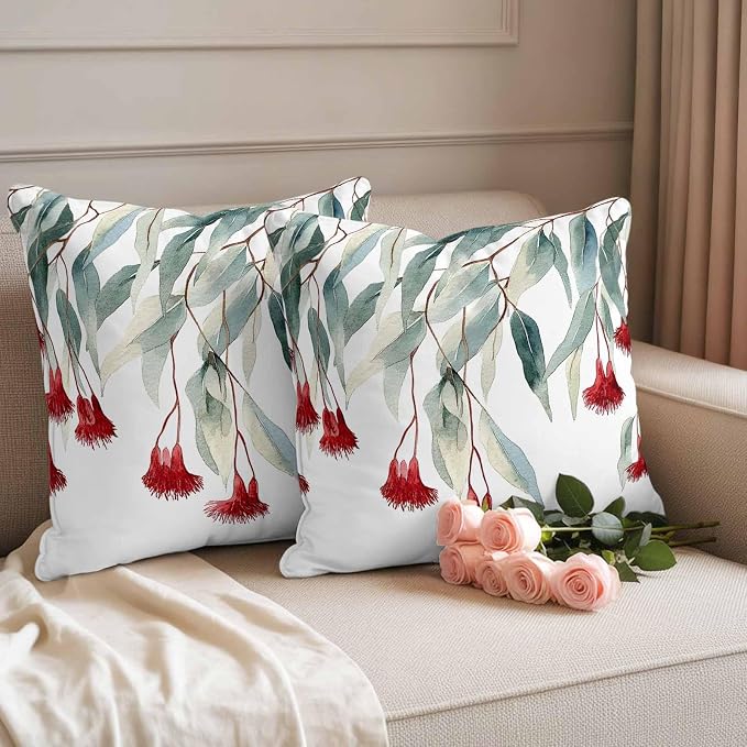 Red Floral Leaves Waterproof Outdoor Pillow Covers Set of 2 Home Decor, Pastoral Rustic Botanical Flowers Pillowcase Patio Pillow Covers for Couch Bench Furniture Garden 26x26in