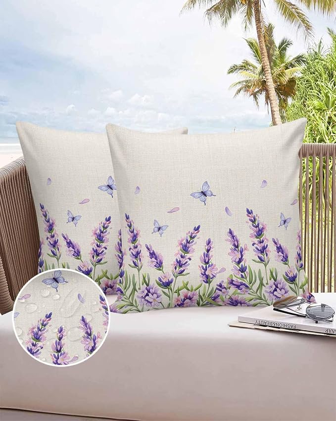 Vandarllin Outdoor Throw Pillows Covers 26x26 inch Set of 2 Waterproof Purple Lavender Flower Decorative Zippered Cushion Covers for Patio Furniture, Butterfly Floral Linen Lumbar Pillowcases