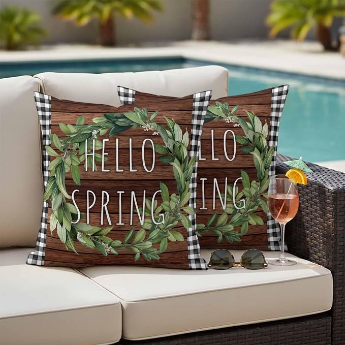 Hello Spring Outdoor Pillow Covers Pack of 2 Green Leaf Plant Black Plaid Brown Wood Grain Waterproof Throw Pillow Covers Decorative Cushion Cases for Patio Garden Tent Balcony Couch 20x20 inch