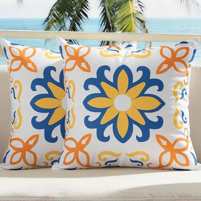 Outdoor Pillow Covers Waterproof Cushion Covers Patio Pillows Case 2 Pack | 18x18inch,Printed Boho Flowers,Seamless,Hidden Zipper,Machine Washable,Perfect decoration for Porch,Patio,Balcony