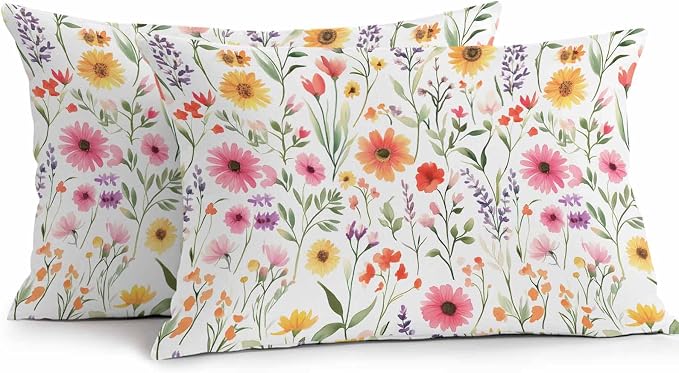 Spring Outdoor Pillow Covers Set of 2,Decorative Watercolor Flower Leaves Waterproof Throw Pillow Case, Garden Floral Art Linen Soft Cozy Cushion Pillowcases