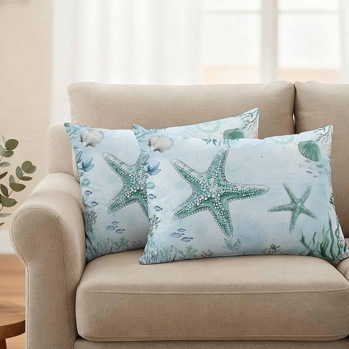 Coastal Starfish Waterproof Outdoor Pillow Covers Set of 2 Home Decor, Nautical Coral Tropical Fish Seashells Pillowcase Patio Pillow Covers for Couch Bench Furniture Garden 20x12in