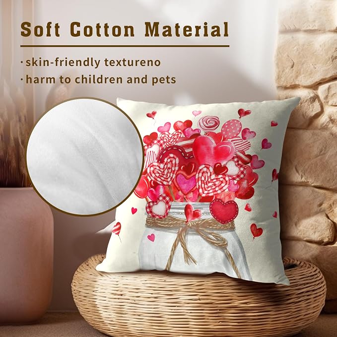 Valentine's Day Throw Pillow Covers 20x20 Inch Set of 2, Red Pink Love Hearts Candy Canes Jar Decorative Pillowcases Square Cushion Cover for Couch Sofa Wedding Home Decor