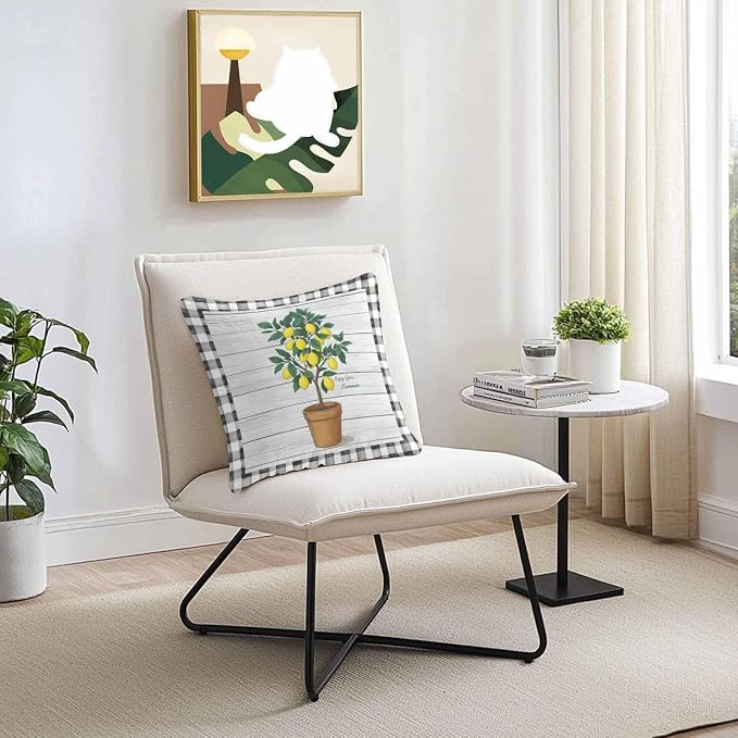 Summer Yellow Lemons Outdoor Waterproof Pillow Covers Set of 2, Green Leaf Botanical Gardens Wood Grain Plaid Pillowcase Decorative Throw Cushion Cases for Patio Garden Couch 18 x 18 Inches