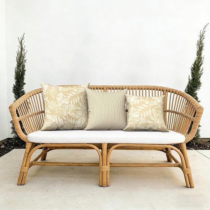 Outdoor Pillows with Insert 20x20 Inch, Waterproof Throw Pillow for Patio Furniture, Decorative Back Cushion for Garden Home Sofa Office Chair, Set of 2, Tropical Leaf Oat