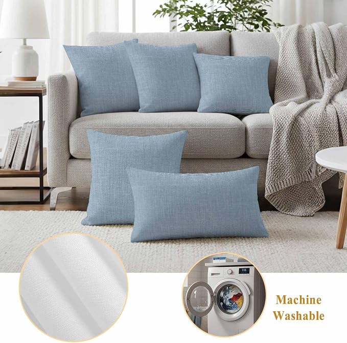 Outdoor Waterproof Throw Pillow Covers Set of 2 Sky Blue Linen Pillowcases 26x26 Inches Farmhouse Pure Color Decorative Pillows Cushion Case Patio Pillows for Couch Bed Chair Garden