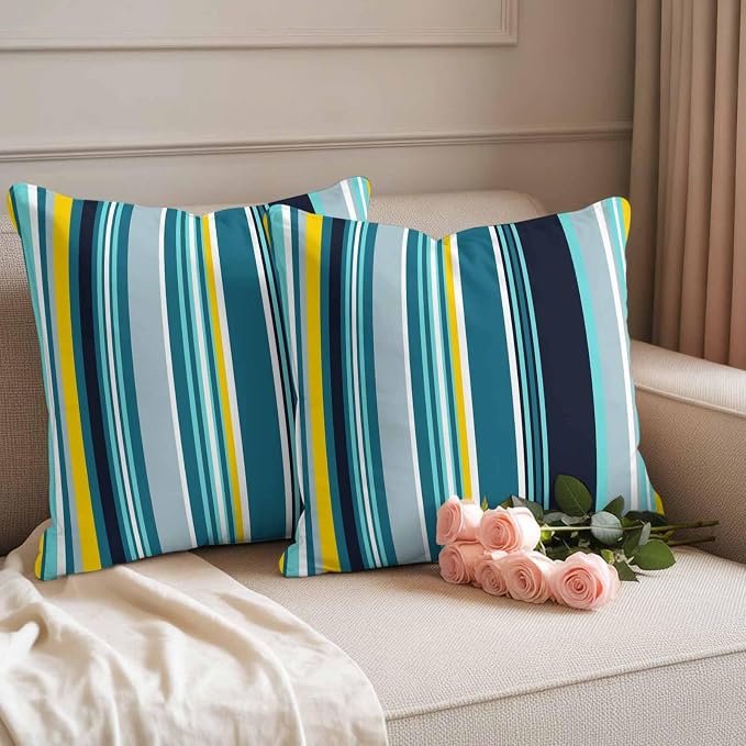Teal Yellow Stripes Outdoor Pillow Covers Set of 2 Lines Art Waterproof Throw Pillow Cover Decorative Cushion Cases for Patio Porch Garden 20X20 Inch