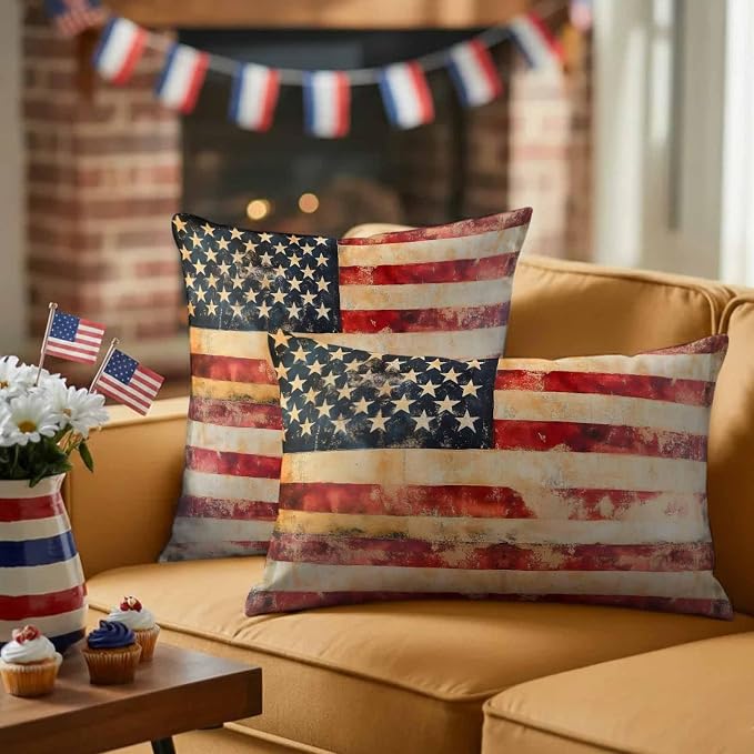 Independence Day Outdoor Pillow Covers 24"x24" Set of 2, Retro Country American Flag Waterproof Throw Pillow Covers for Patio Furniture, Decorative Cushion Covers for Porch
